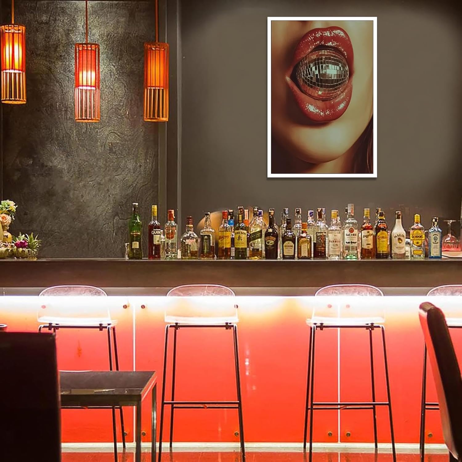 Trendy Disco Ball Poster Unique Mirror Ball Canvas Wall Art Bold Red Lips Glitter Glam Aesthetic Prints Painting For Living Room Bedroom Bar Cart Wall Decor 16x24in Unframed