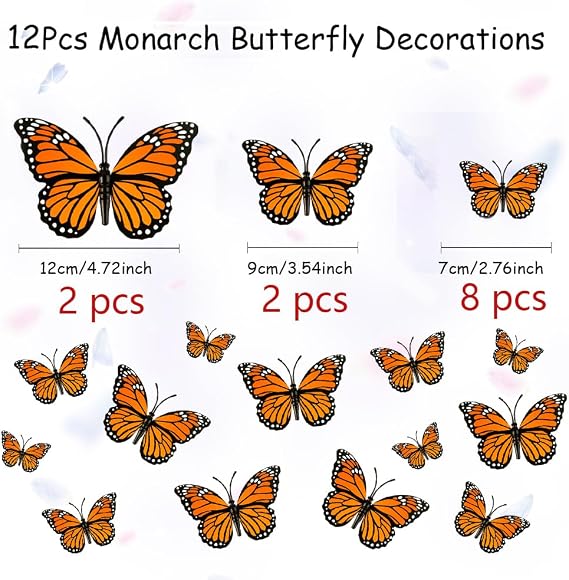 Monarch Butterfly Decorations 12 Pcs Butterfly Wall Decor 3D Orange Fake Butterflies Realistic Butterflies for Crafts Day of The Dead Halloween Party Supplies Wall Table Bedroom Decorations