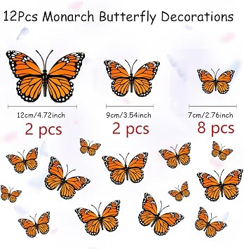 Monarch Butterfly Decorations 12 Pcs Butterfly Wall Decor 3D Orange Fake Butterflies Realistic Butterflies for Crafts Day of The Dead Halloween Party Supplies Wall Table Bedroom Decorations