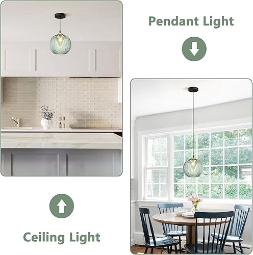 Miniatura 7 de KCO Lámpara colgante de cristal acanalado verde moderna lámpara colgante de globo grande 1 luz colgante negra sola lámpara de isla de cocina,
