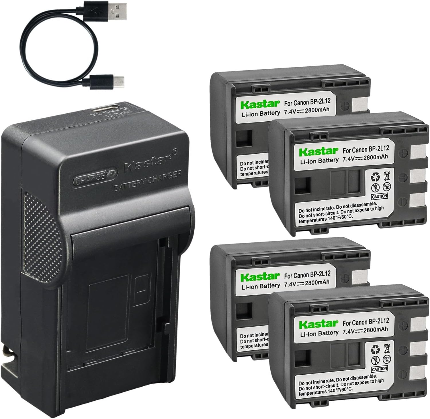 Kastar 4-Pack Battery and AC & USB-C Charger, Compatible with Canon NB-2L NB-2L12 BP-2L5 BP-2L12, for VIXIA HV20 HV30 HV40 HF R10 R100 Elura Optura ZR MD Camcorders