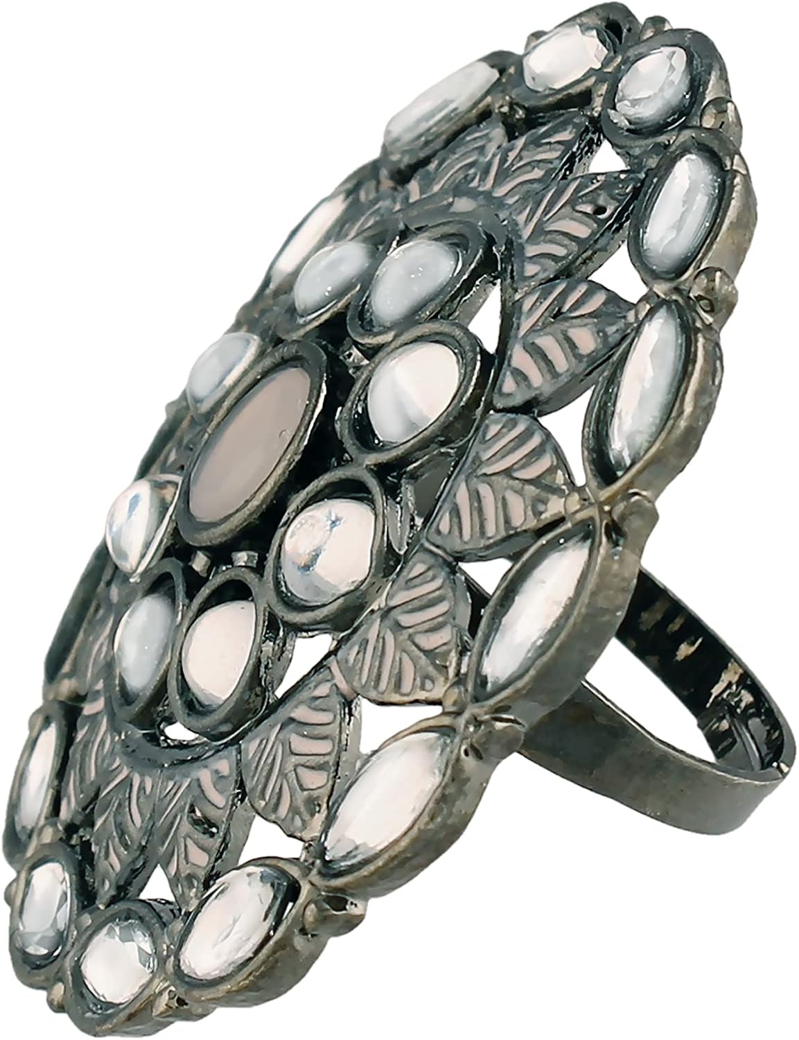 I Jewels Silver Oxidized Indian Wedding Bollywood Kundan Studded Meena Work Designer Adjustable Finger Ring for Women (FL196Pi)