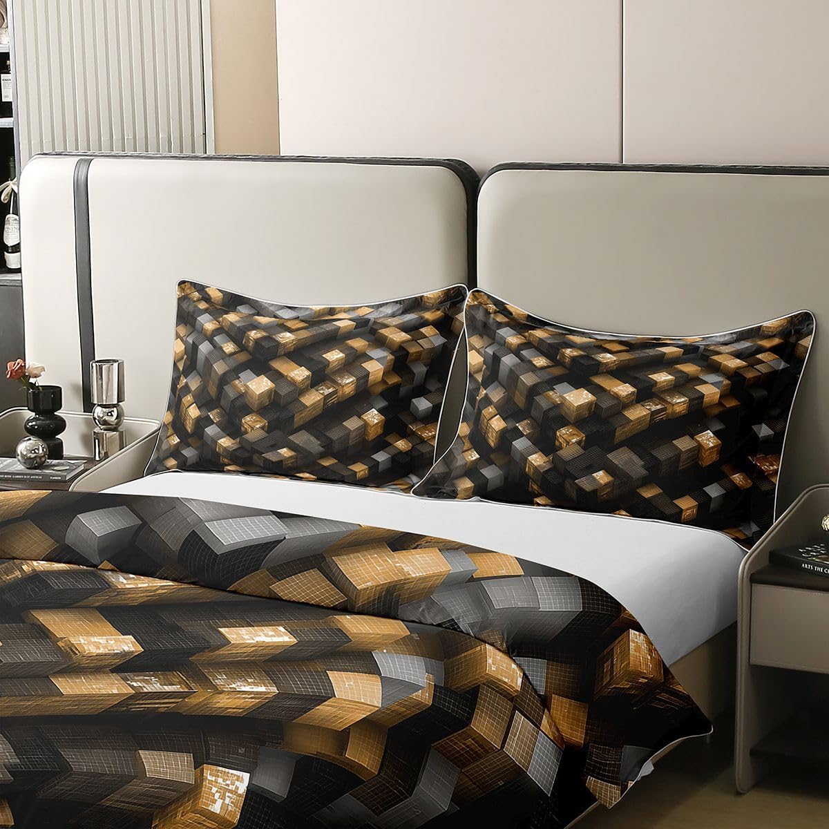 Manfei Pixelated Blocks Duvet Cover Set Full Size 100% Cotton,Miners Cubic Square Patchwork Kids Bedding Set,Games Geometric Grid Gaming Room Decor,Yellow Gray Quilt Cover,2 Pillowcases(No Filler) image 4