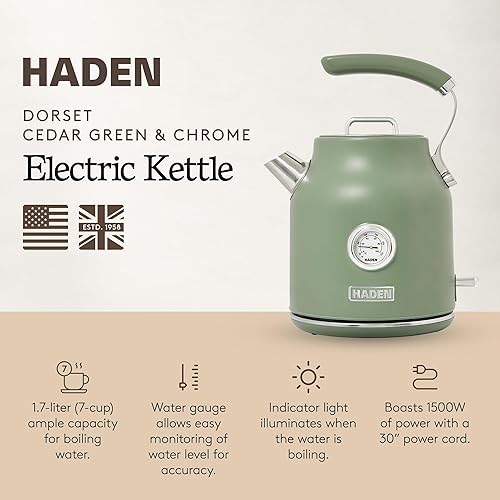 Miniatura 2 de Haden Dorset - Hervidor eléctrico de acero inoxidable de 1,7 litros, hervidor de agua caliente con base de 360 grados y apagado automático, verde
