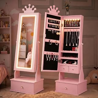 Joankaren Kids Jewelry Armoire Cabinet with Full-Length Mirror & LED Light – 46" Kids Jewelry Organizer with 3 Drawers, Ring & Earring Storage, Vanity Dress-Up Mirror for Girls (Light Pink)