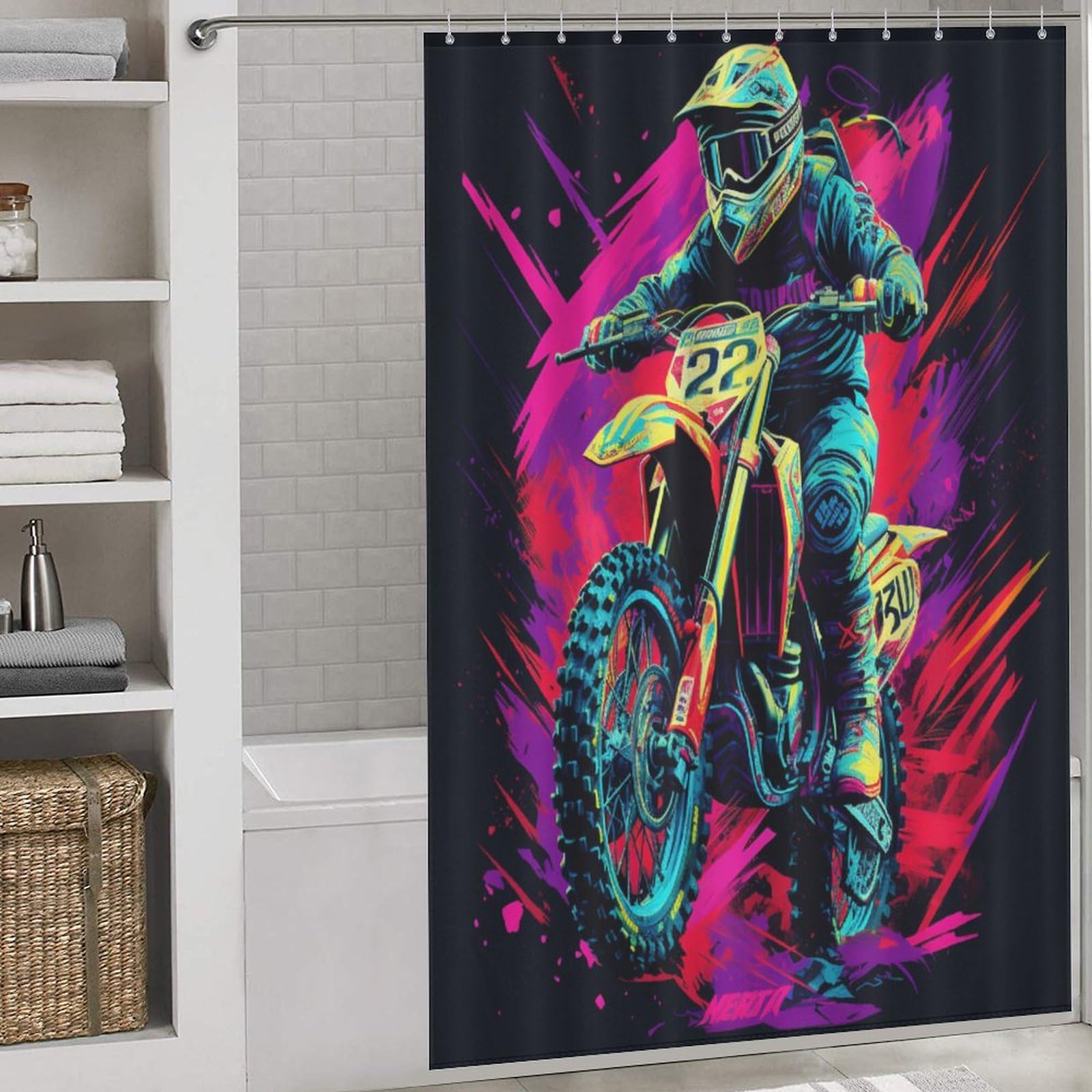 Rideau de douche moto en tissu lavable pour une salle de bain moderne et bien protégée de l'eau
