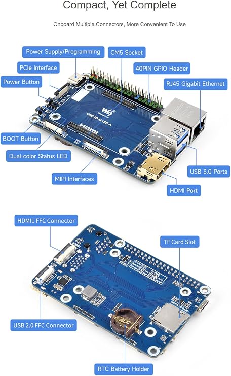Mini Base Board (A) Designed for Raspberry Pi Compute Module 5, Onboard Multiple Connectors as Gigabit Ethernet RJ45 16PIN PCIe USB 3.2 4-Lane MIPI HDMI etc. @XYGStudy (CM5-IO-BASE-A)