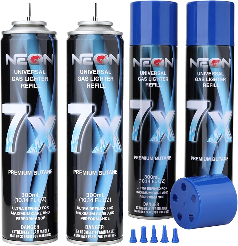 NEON Recarga de Butano, 300 ml, Combustible de Butano Premium Filtrado 7X, 4 Latas de Líquido de Encendedor Puro Refinado con 0 Impurezas y 5 Adaptadores de Boquilla Diferentes para Encendedores Recargables, Antorchas de Butano, Soplete de Cocina
