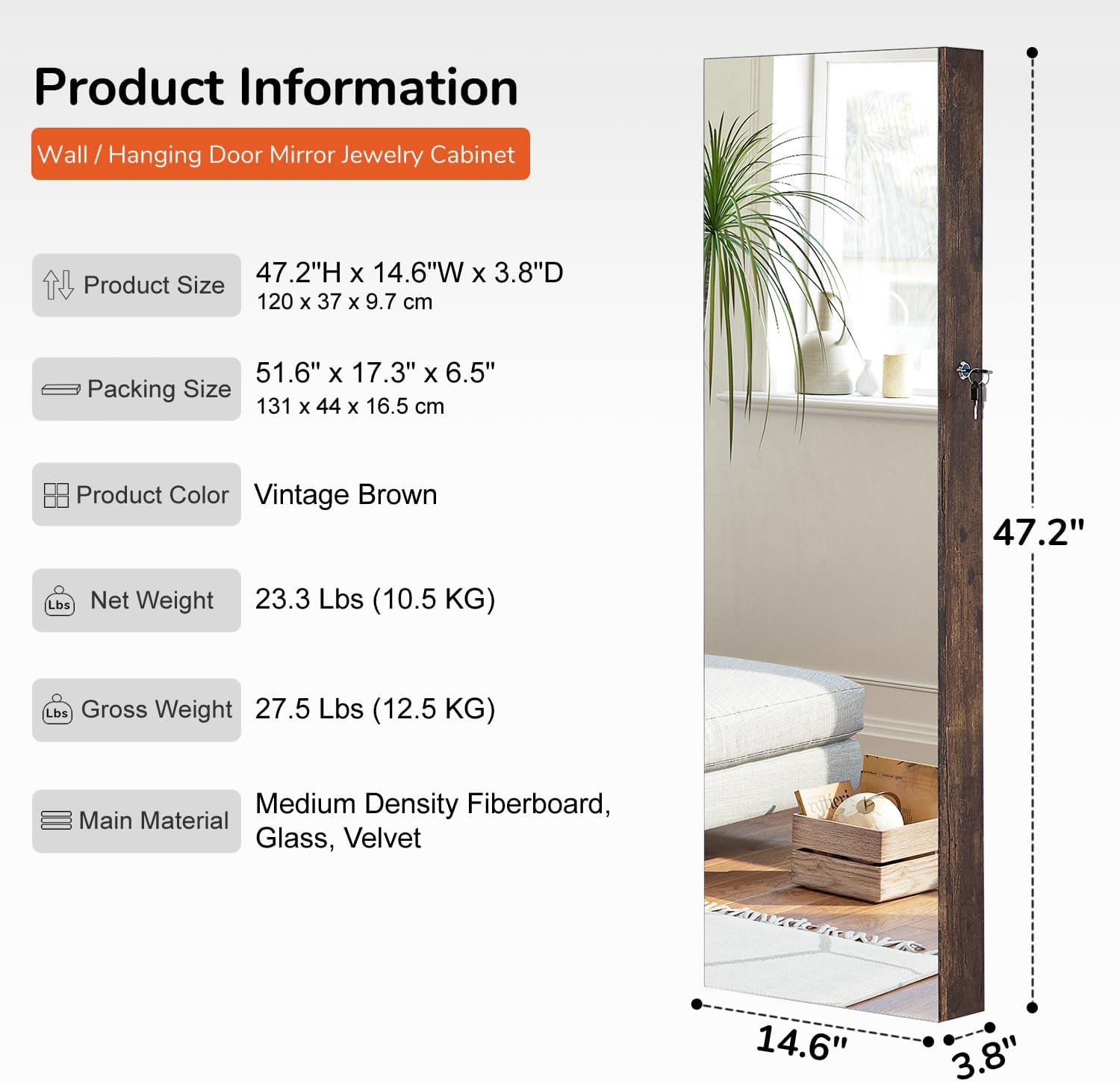 GISSAR Full Length Mirror Jewelry Cabinet, 6 LEDs Jewelry Armoire Wall Mounted Over The Door Hanging, Jewelry Organizer Storage with Lights Lockable, Vintage Brown, 14.6" x 47.2" - Image 5