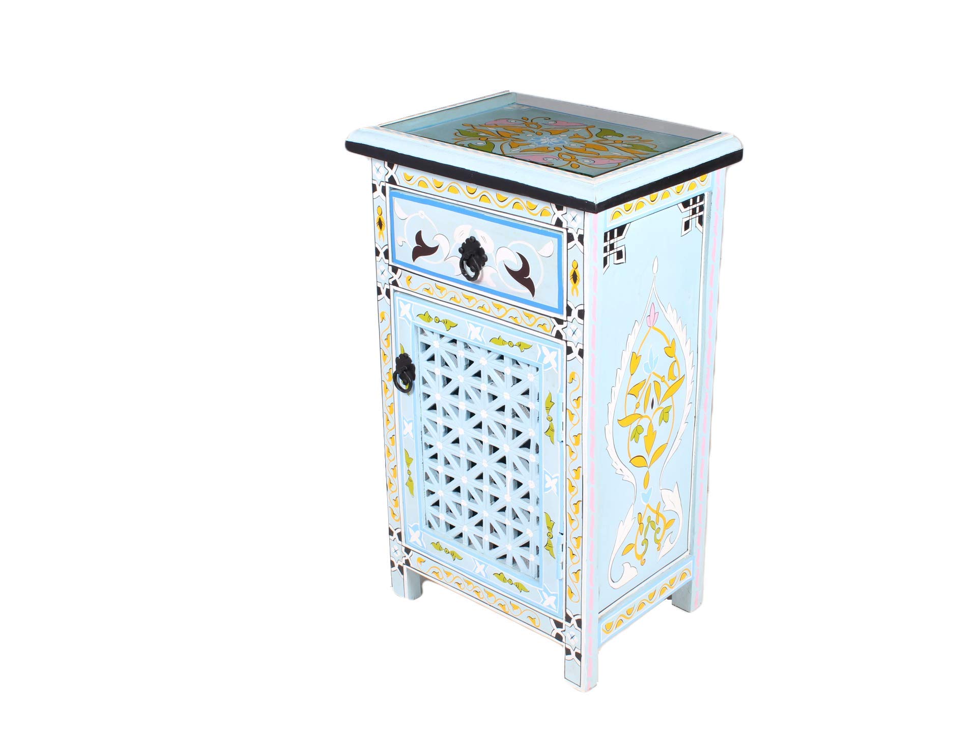 Moroccan Turquoise Nightstand Table Arabic Design with Glass Top Buy