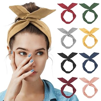 AUEAR, 9 Pack Solid Color Twist Bow Headband Wired Hair Tie Wire Headbands Rabbit Ear Head Wraps for Women Girls Accessories