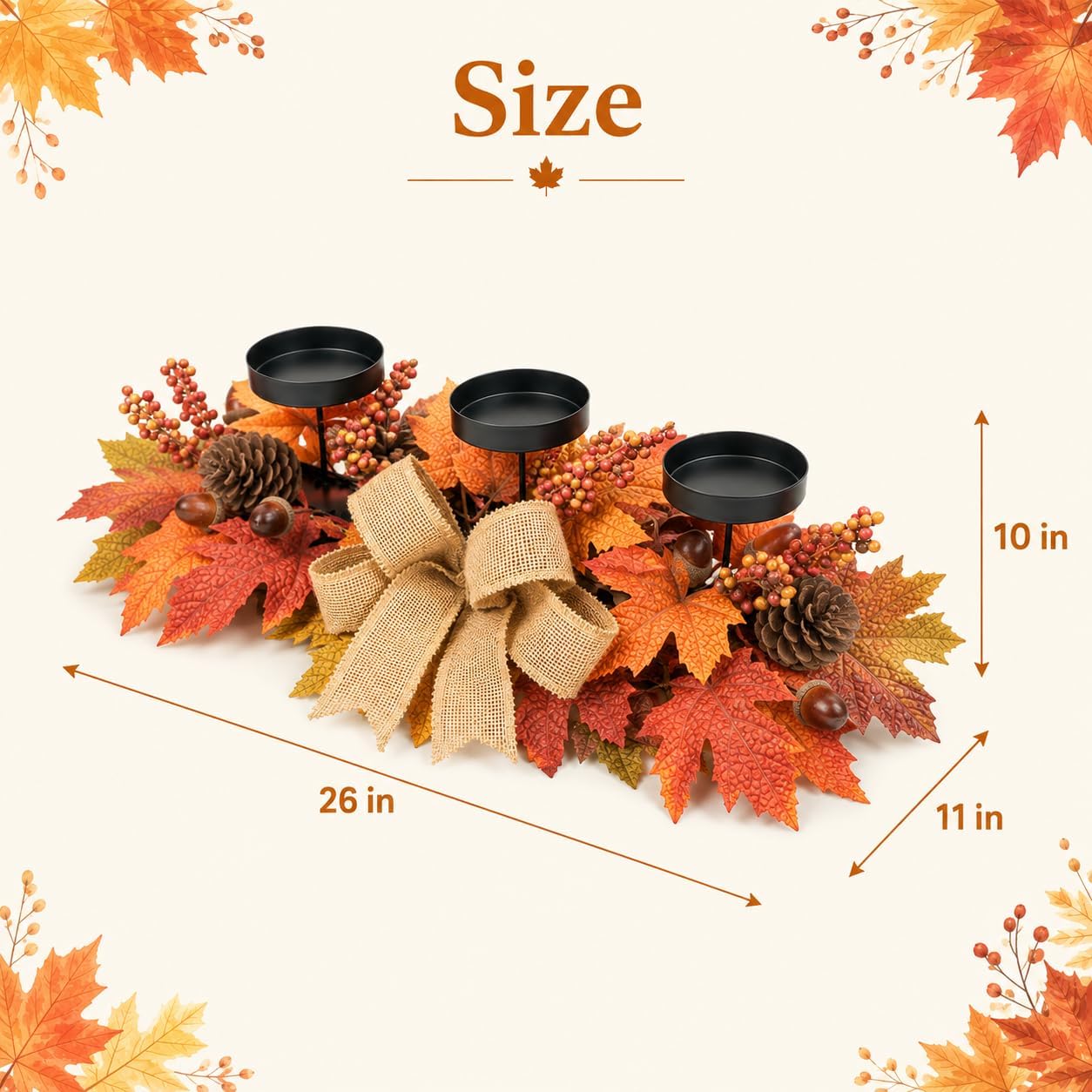 Fall Candle Holder Centerpiece with Maple Leaves, Pinecones, Berries & Burlap Bow,Thanksgiving Table Centerpiece Decoration for Dining Table, Mantel & Autumn Harvest Home Décor
