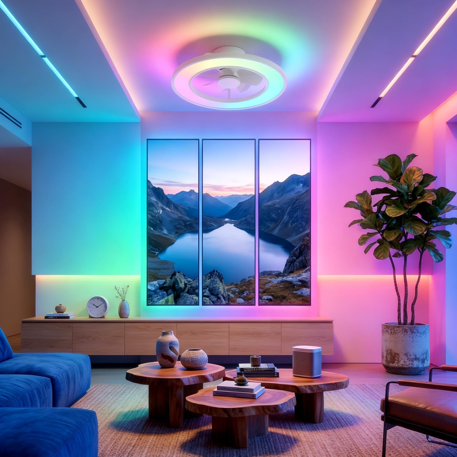 20" Low Profile Ceiling Fans with Lights, RGB Ambient Light & 3CCT Dimmable LED, Quiet Reversible DC Motor, Modern Flush Mount Enclosed Fan for Bedroom (White)