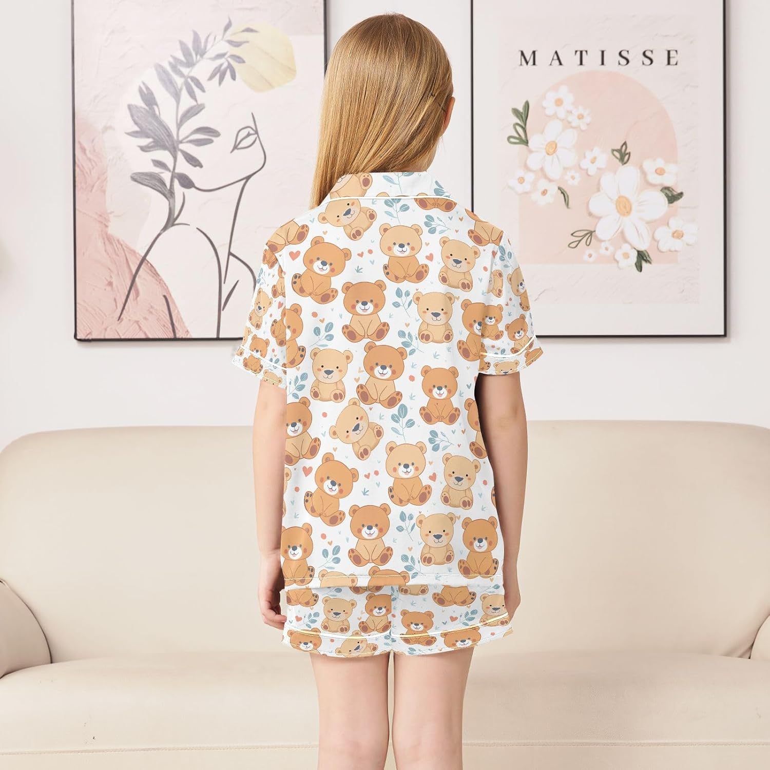 senya Cute Smile Bears Satin Summer Pajama Sets Silk Short Sleeve Button Down Sleepwear