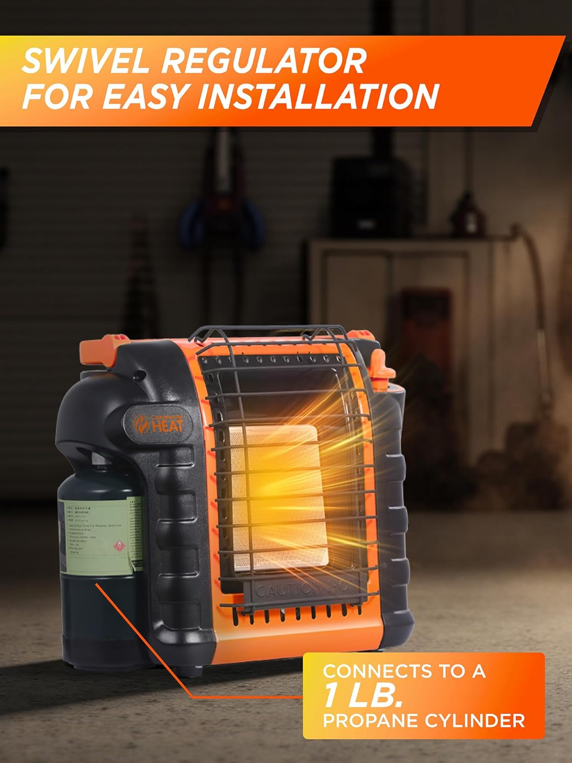 9000 BTU Portable Propane Heater for Outdoor Use, Patio Heater for Up To 300 Sq. Ft., 2 Heat Settings, Swivel Regulator Connects to 1 lb. Propane Tank, CHP9000O, Orange