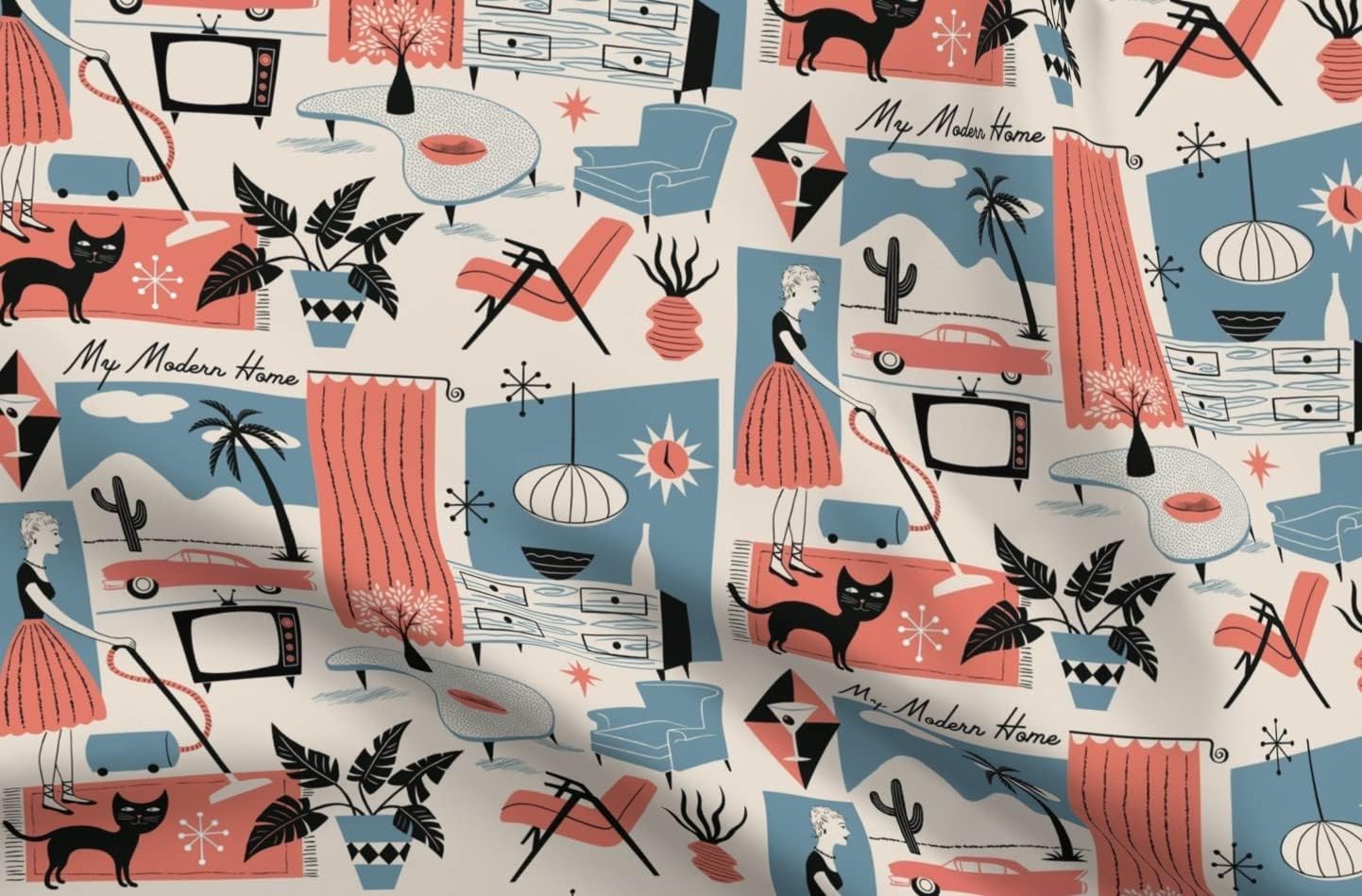 Spoonflower Fabric - Vintage Retro Modern Atomic 50S Fifties Home Cat House Interior Ranch Printed on Petal Signature Cotton Fabric by The Yard - Sewing Quilting Apparel Crafts Decor