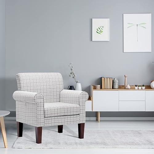 Miniatura 6 de Funkeen - Silla decorativa moderna de mediados de siglo, acogedor sillón tapizado con respaldo copetudo, silla de sofá de tela a cuadros para sala