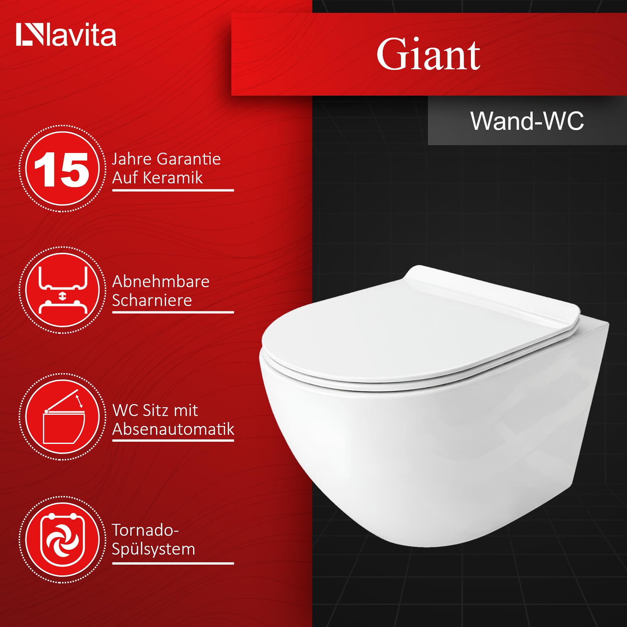 LAVITA Vorwandelement Solido + Wand Hänge WC Giant Weiß Spülrandlos + WC Sitz mit Absenkautomatik Glänzend Weiß Knopf Komplettset Unterputz Spülkasten Toilette Komplett Sett WC
