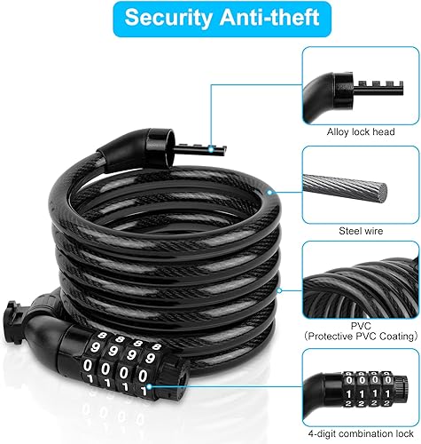 Miniatura 3 de Cerradura de bicicleta, cable de bloqueo de bicicleta de 4 pies, alta seguridad de 4 dígitos reiniciable, combinación de localizador, bloqueo de