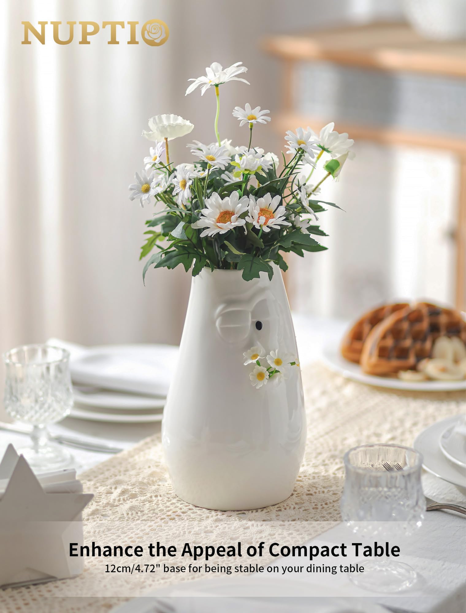 NUPTIO Vaso Bianco Regalo Compleanno: Ceramica Idea Fiori Vasi Decorativo Interno per Anniversario Natale - 24,5cm Altezza Moderno Centrotavola per Ufficio Camera Soggiorno Tavolo