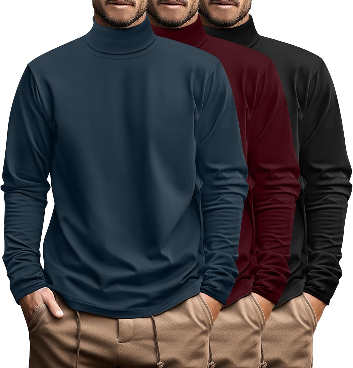 Ficerd 3 Pack Men's Big and Tall Turtleneck Shirts Cotton Long Sleeve Turtle Neck Tops Plus Size Loose Fit Basic Tee