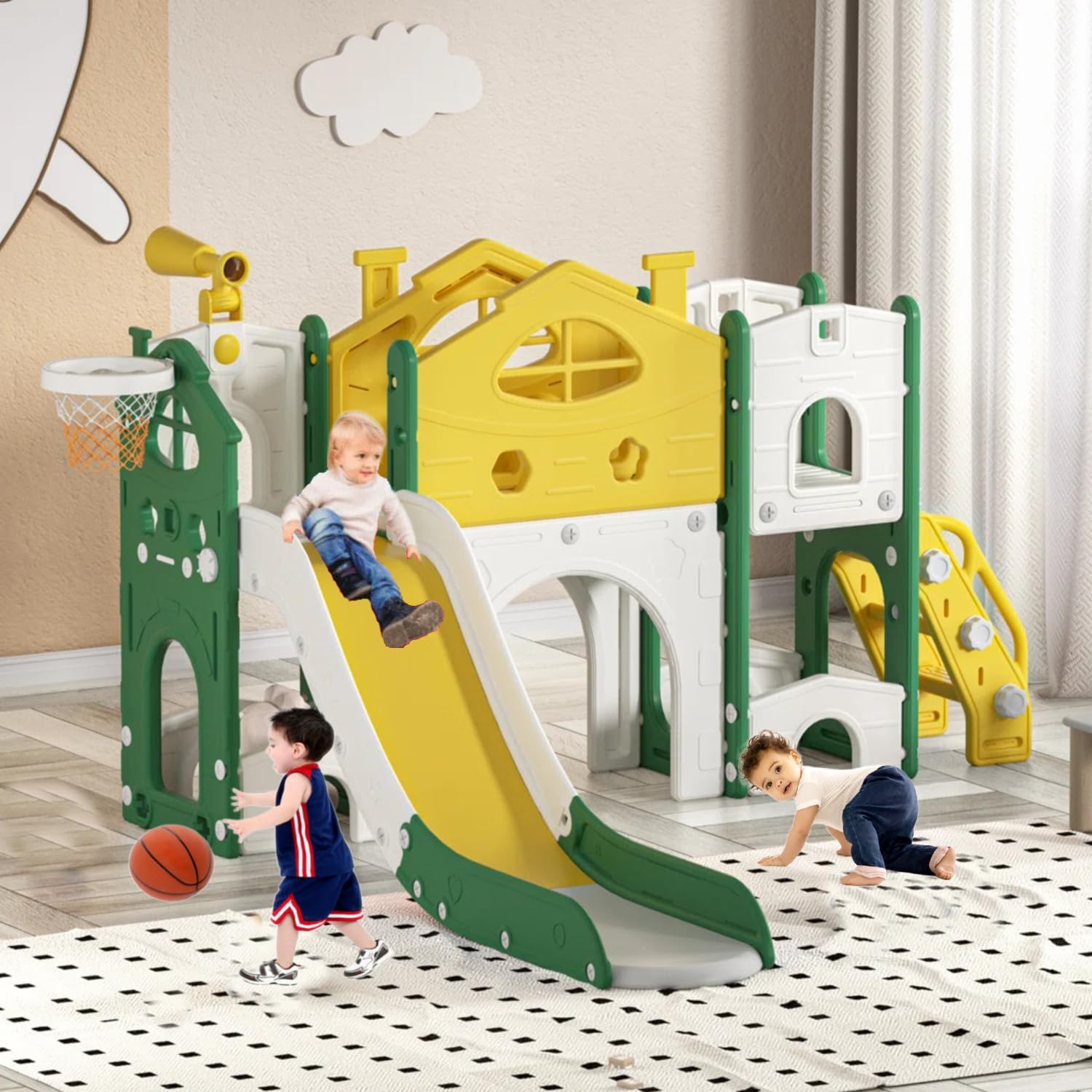 Metreno 8in1 Slider for Kids 2 to 5 Years Big Size Indoor with Basketball Combo for Home Toddler Slide Baby Slider Kid Outdoor with Ball Castle Sliding for Kid Children Slides Kids Slider Big Size