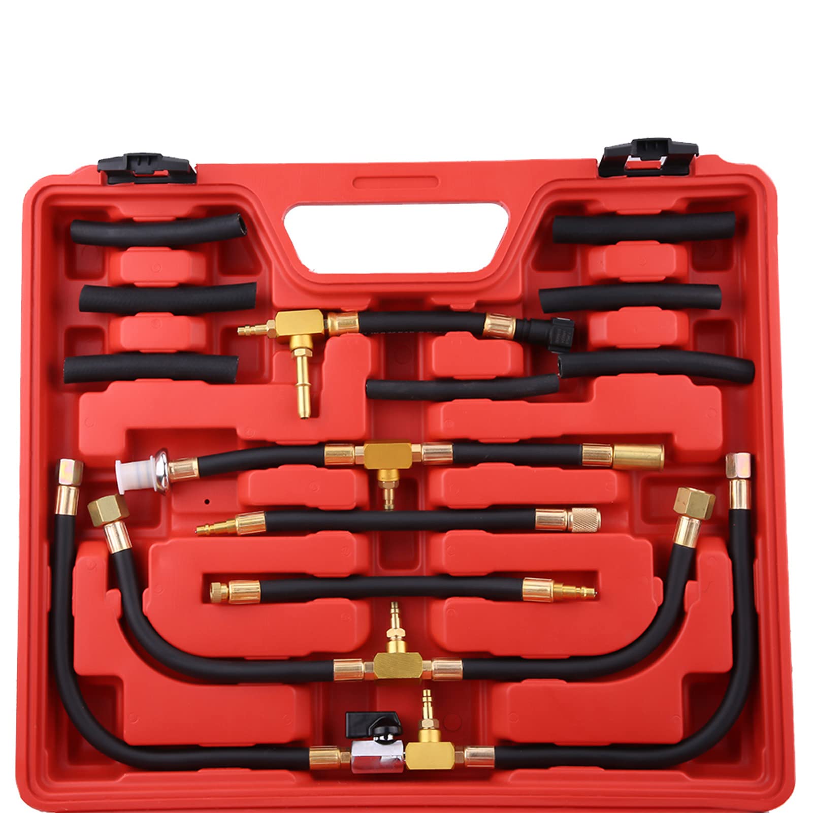 Keenso Kit de prueba de presión de combustible de gasolina, herramienta de diagnóstico de bomba de inyección de combustible de cobre y caucho, de 0 a 140 PSI con válvula de alivio y adaptadores para