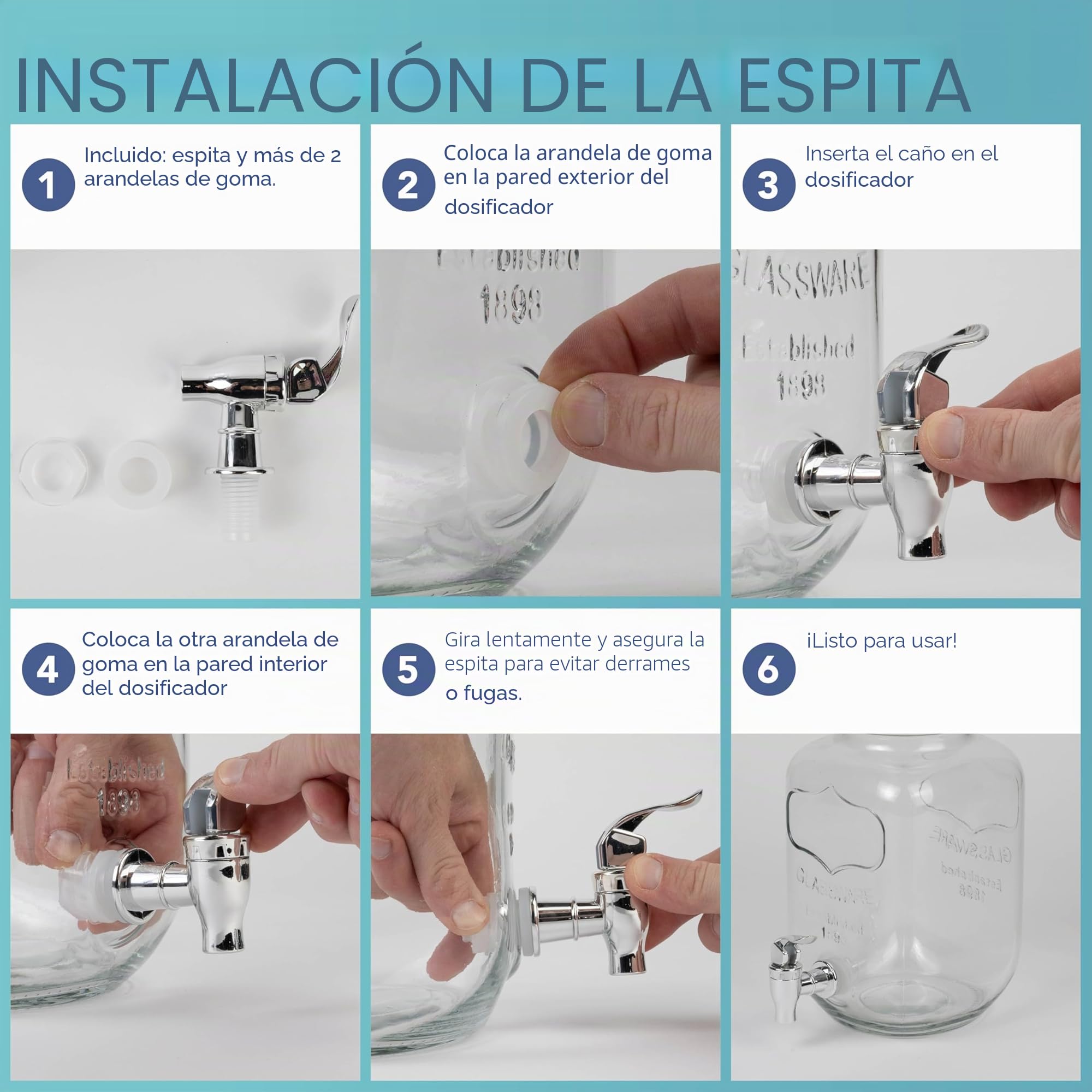HEFTMAN Dispensador de bebidas de vidrio con grifo de plástico y soporte de alambre de metal - 2 x 4 litros