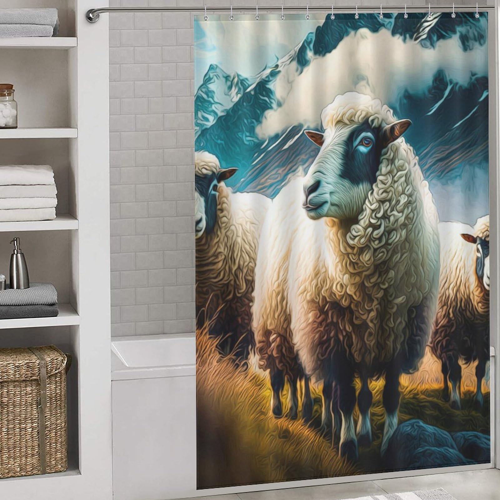 Rideau de douche tissu déperlant anti-moisissure motif mouton moderne 143x180cm