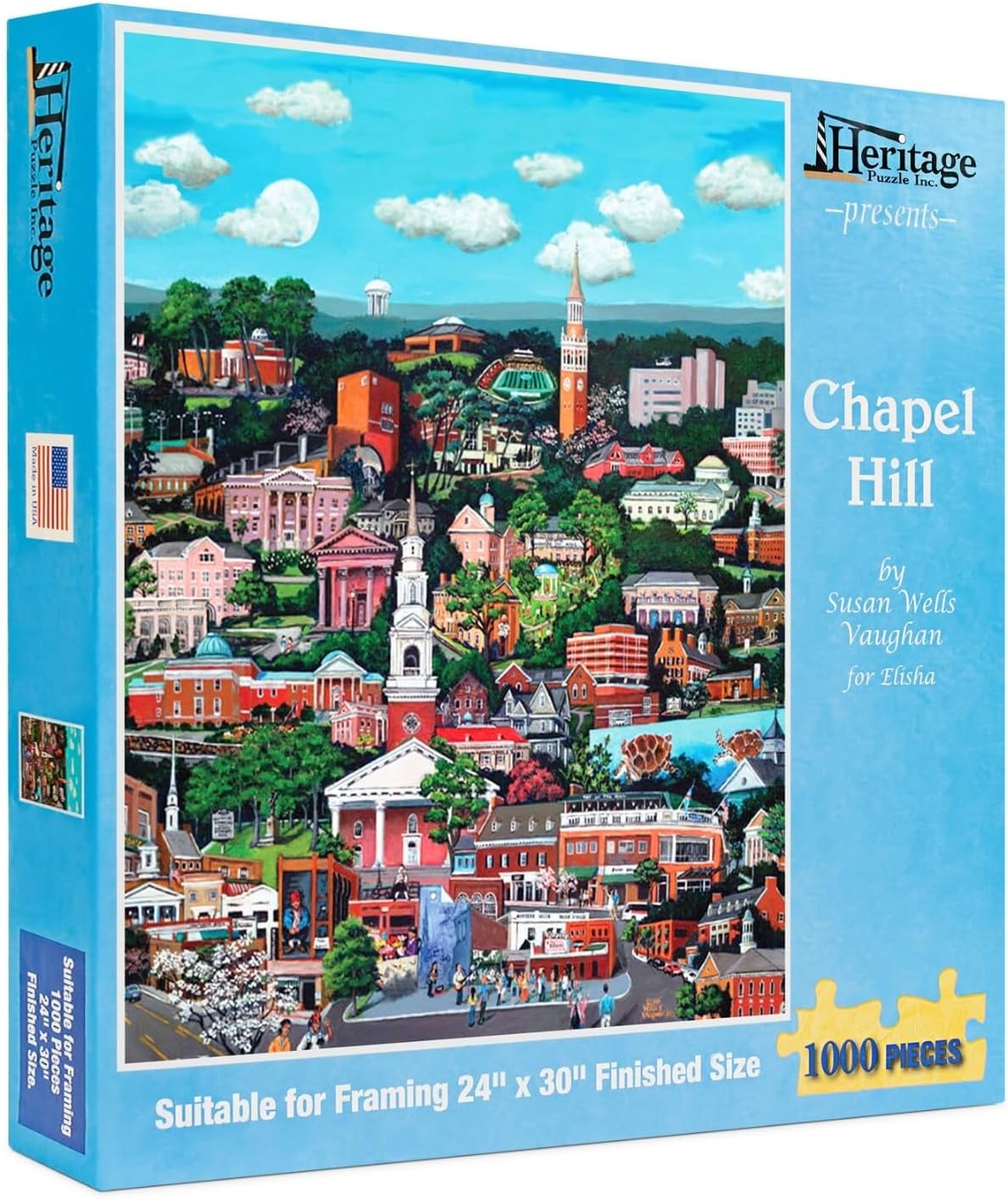 Heritage Puzzle - Chapel Hill by Susan Wells Vaughan 1000 Piece Puzzles for Adults - Skyline and Cityscape Montage of University Landmarks, Frameable Jigsaw Puzzle 30" x 24" Finished Size