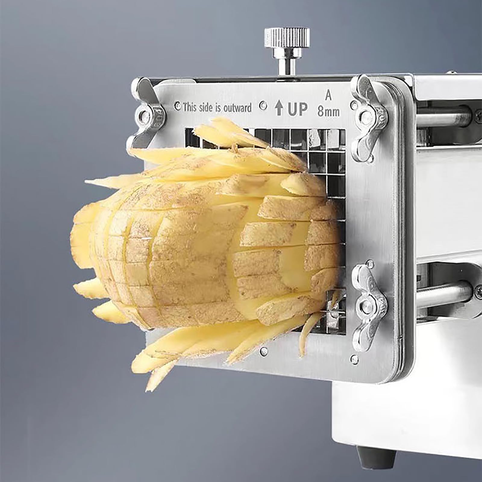 Cortador de Patatas eléctrico de Acero Inoxidable con Cuchillas de 8 mm, 10 mm y 12 mm. Cortador Profesional de Patatas Fritas, Zanahorias y Manzanas. Ideal para Uso doméstico y Comercial.