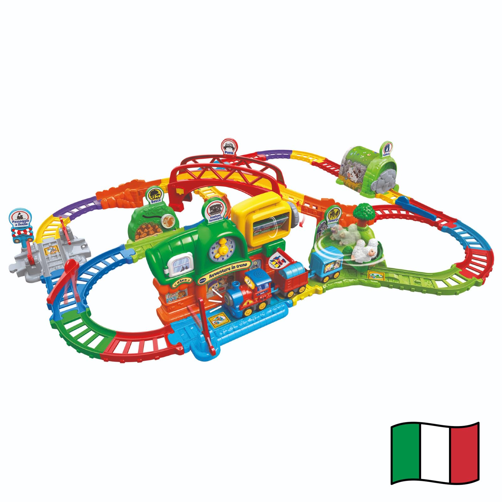 VTech Vroom Vroom Go przygody pociągiem, tor elektryczny z przeszkodami, w tym lokomotywa motoryzowana i wagony, 6 magicznych stref, włoski, baterie w zestawie, 1-5 lat