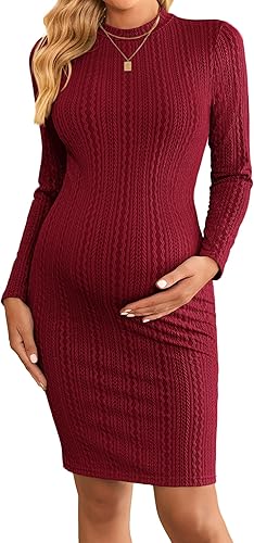 Ekouaer Vestido de maternidad para mujer, de punto acanalado, elástico, ajustado, para embarazada, cuello alto, manga larga, ropa de embarazada