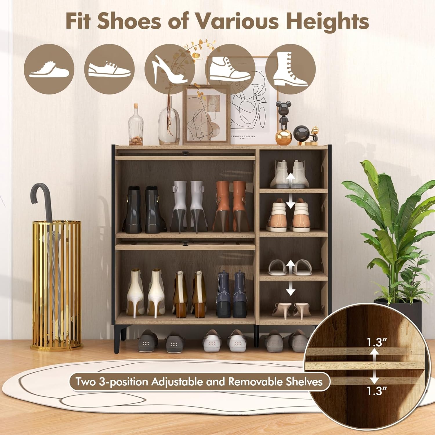 Giantex Shoe Cabinet with Flip & Slide Doors, Entry Way Shoe Rack Cabinet with Adjustable Cube Shelves, Freestanding Wood Shoe Cabinet Storage for Entryway, Closet, Hallway, Living Room, Foyer, Oak