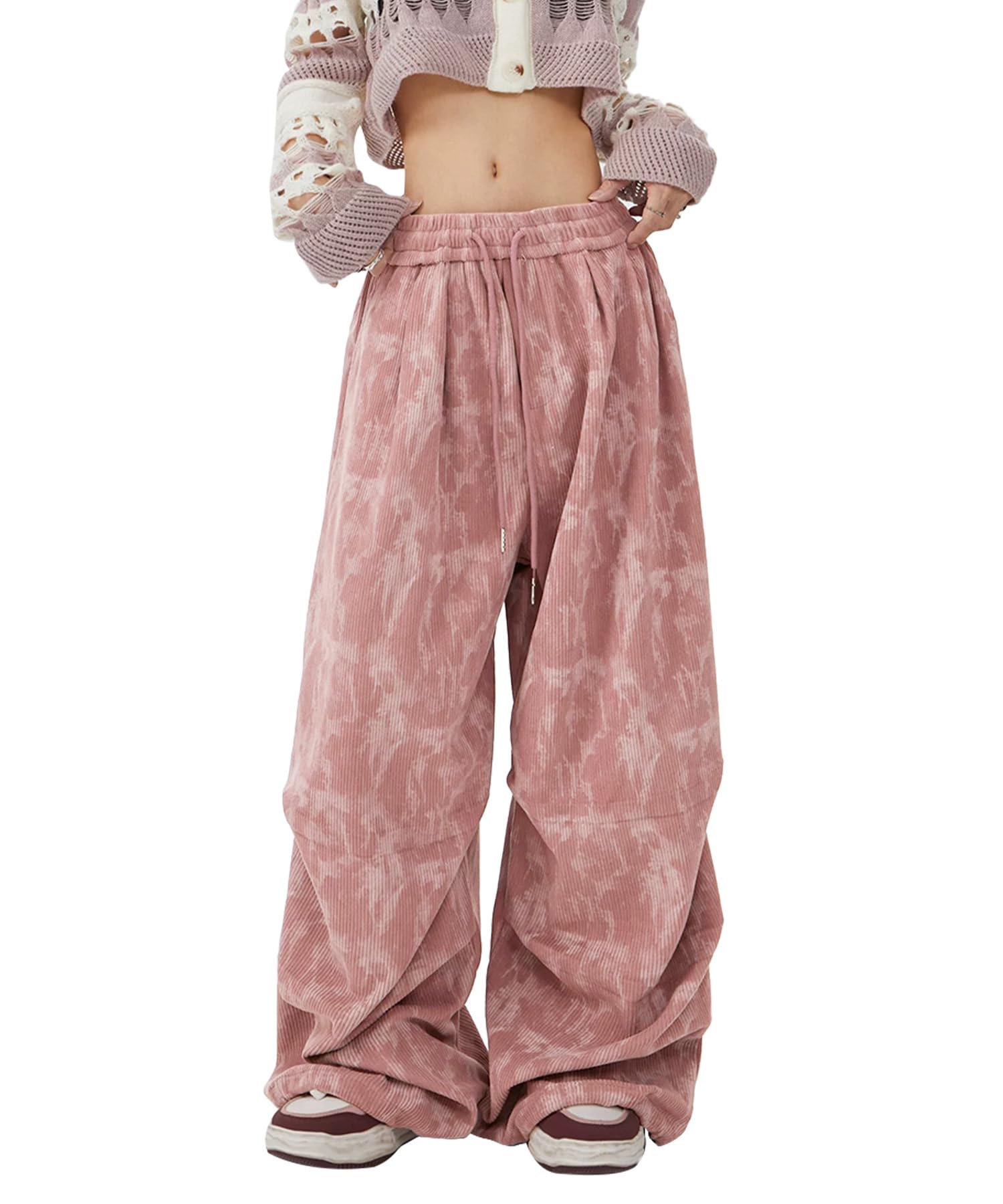 Bakyarder Corduroy Pants for Women Wide Leg High Waisted Elastic Waist with 4 Pockets