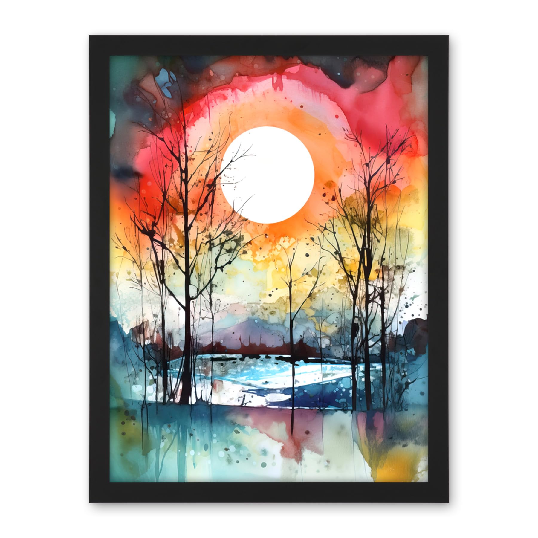 Artery8 Abstract Sunset Landscape Watercolour Painting Countryside Lake Autumn Trees Artwork Framed Wall Art Print 18X24 Inch