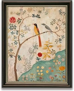 Vintage Brown Frame Floral Bird Canvas Wall Art Boho Plant Flower Sparrow Painting Decor Pictures Beige Medieval Nature Aesthetic Bedroom Living Posters Prints for Corridor Kitchen Room Decoration 8x10 inch