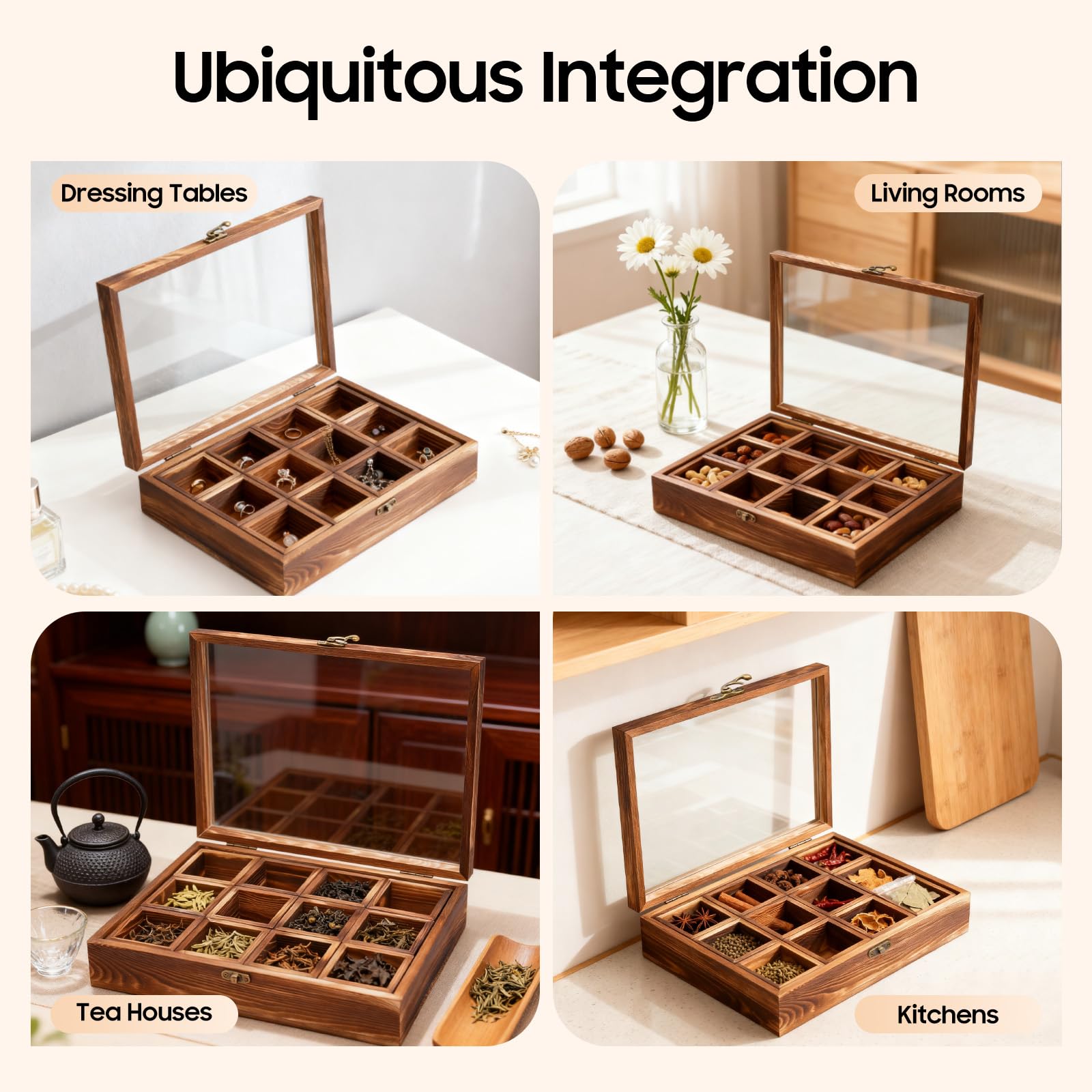 Wooden Spice Box with 12 Compartments Seasoning Box with Wooden Spoon and Safety Latch Spice Jars Kitchen for Storing Kitchen, Living Room, Restaurant, Tea Room