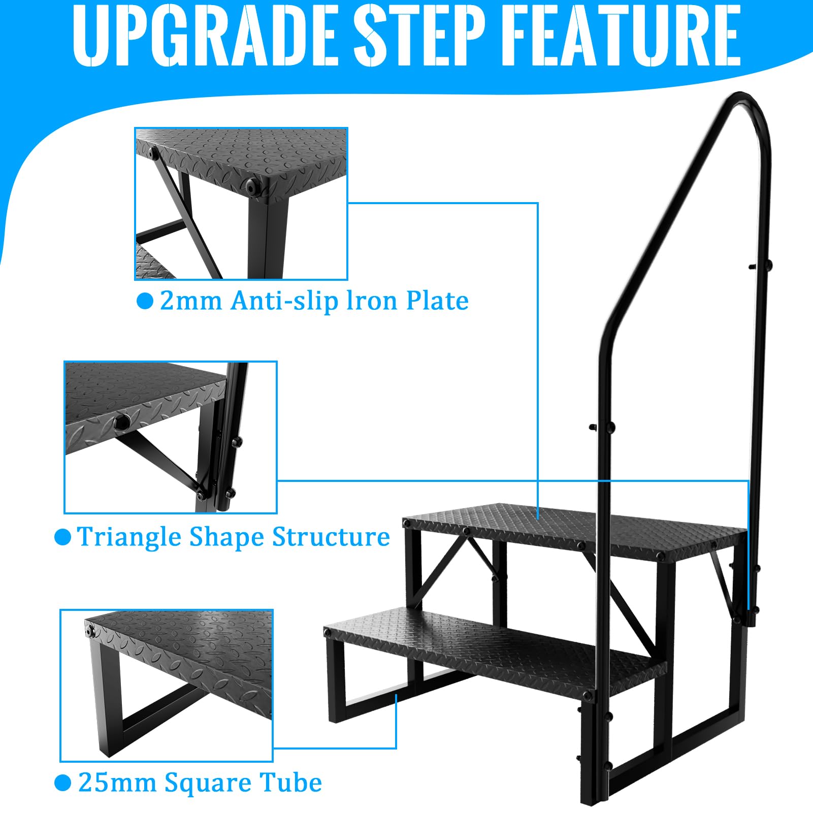 Escaleras de RV con Barandilla, Escalera de 2 Peldaños para RV con Capacidad de Carga de 660 lbs, Escalerilla con Panel Antideslizante, Escalera Móvil para Caravanas (2 peldaños)