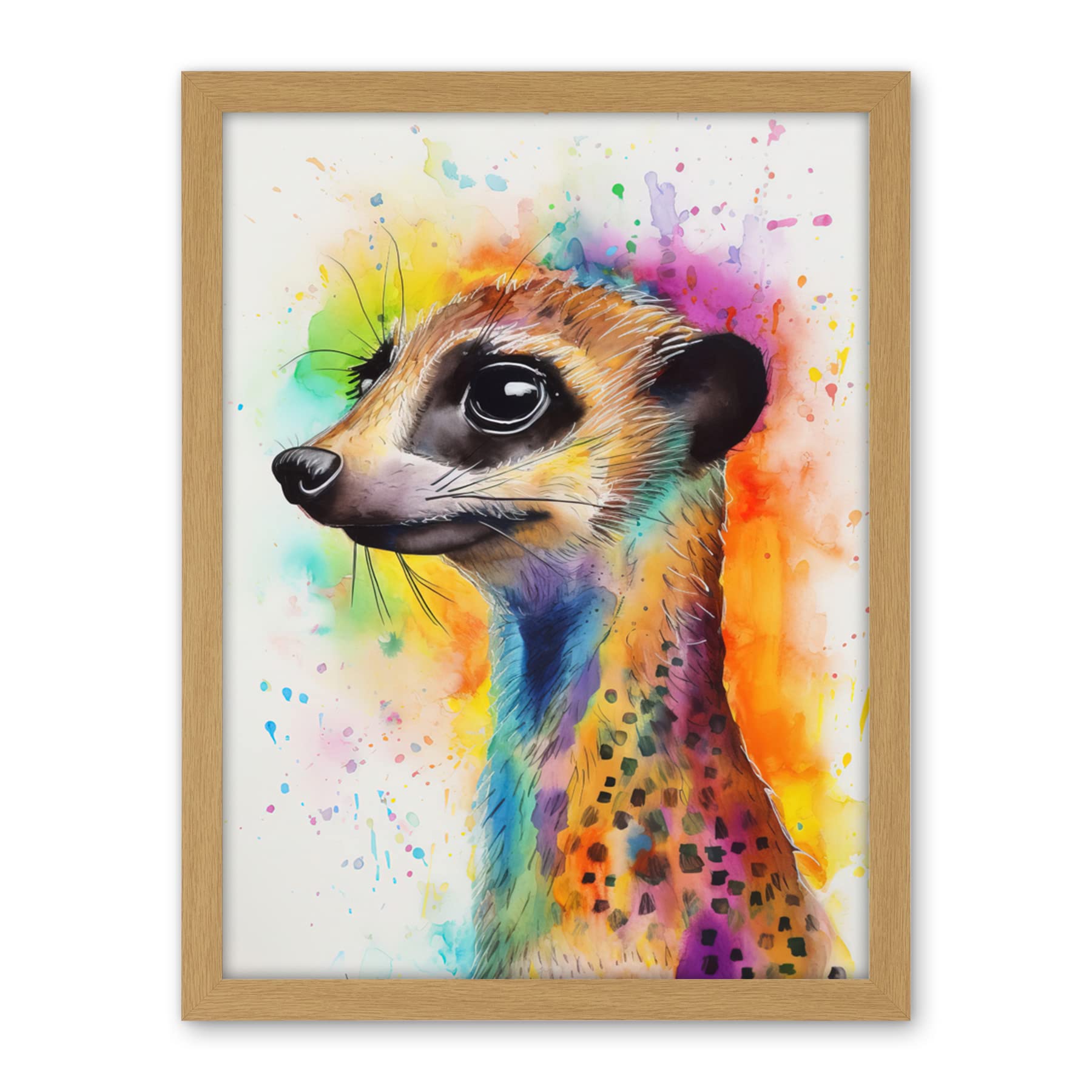 Artery8 Meerkat Multicoloured Portrait Watercolour Painting Artwork Framed Wall Art Print 18X24 Inch