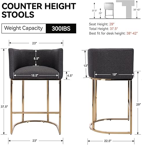 Miniatura 2 de Juego de 2 taburetes de bar contemporáneos de lino color carbón, de 29 pulgadas, de tela tapizada, altura de mostrador, taburetes de cocina con base