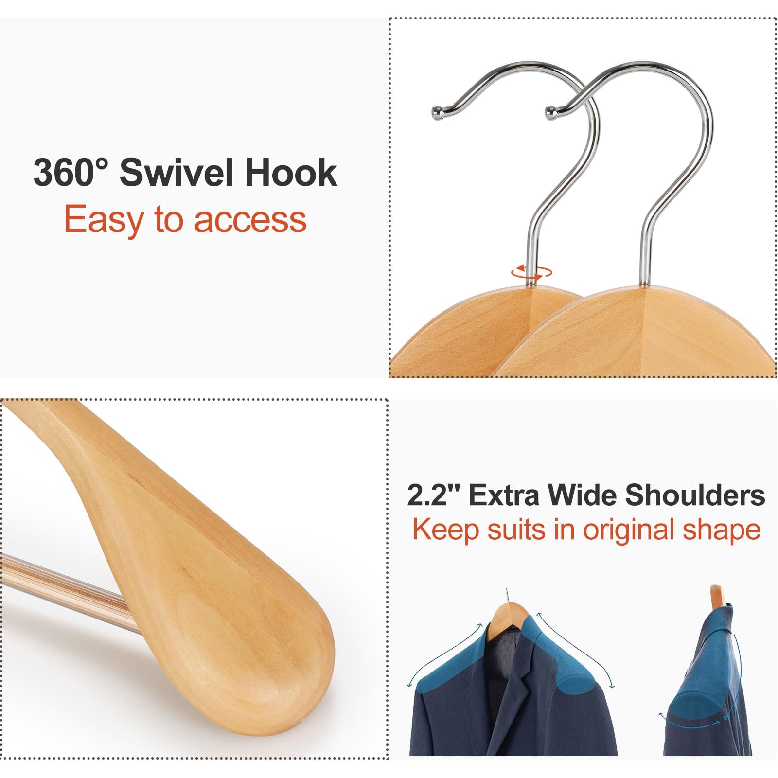 TOPIA HANGER Kleiderbügel aus Holz, breite Schulterbügel, Anzugbügel mit rutschfester Hosenstange und 360° drehbarem Haken, massives Holz, robuster Kleiderbügel, 6 Stück (Natur) - CT02NA