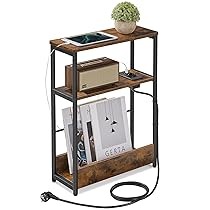 VASAGLE Tavolino con Multipresa a 3 Ripiani, Tavolino Stretto per Piccoli Spazi, con Portariviste, per Salotto Camera da Letto Studio, Marrone Vintage e Nero Inchiostro LET335K02