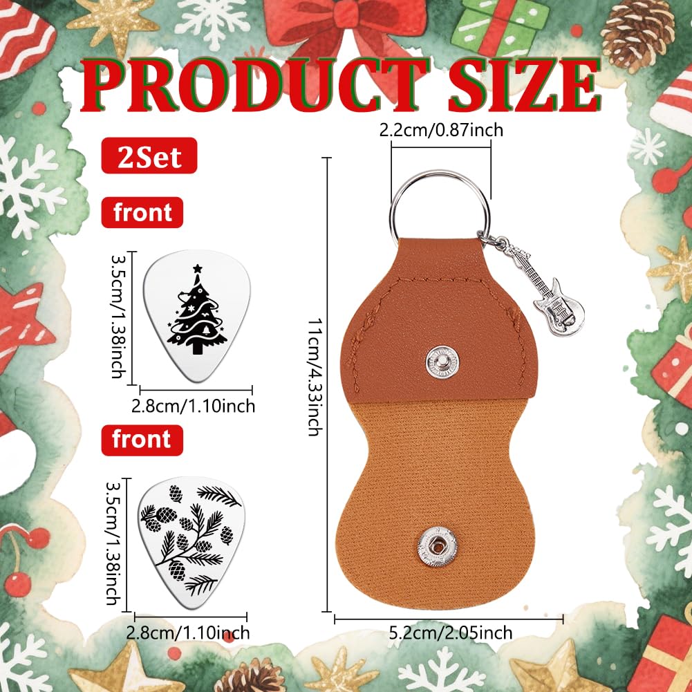 UNICRAFTALE 2Pcs 2 Styles Merry Christmas Tree Guitar Picks Stainless Steel Guitar Pick Keychain with Brown PU Leather Case Inspirational Plectrum Guitars Christmas for Musician Lover Gifts - Image 2