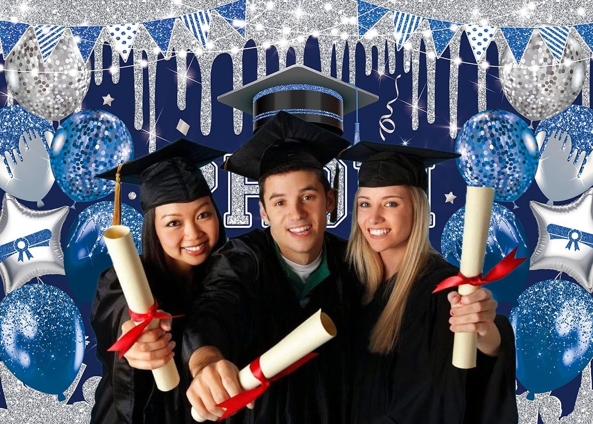 Blue Sliver 2026 Graduation Party Backdrop Royal Blue Glitter 2026 Prom Night Background Class of 2026 Congrats Grad Banner for 2026 Congratulate Graduates Party Decoration (Blue, 94X70 inch (8x6FT))