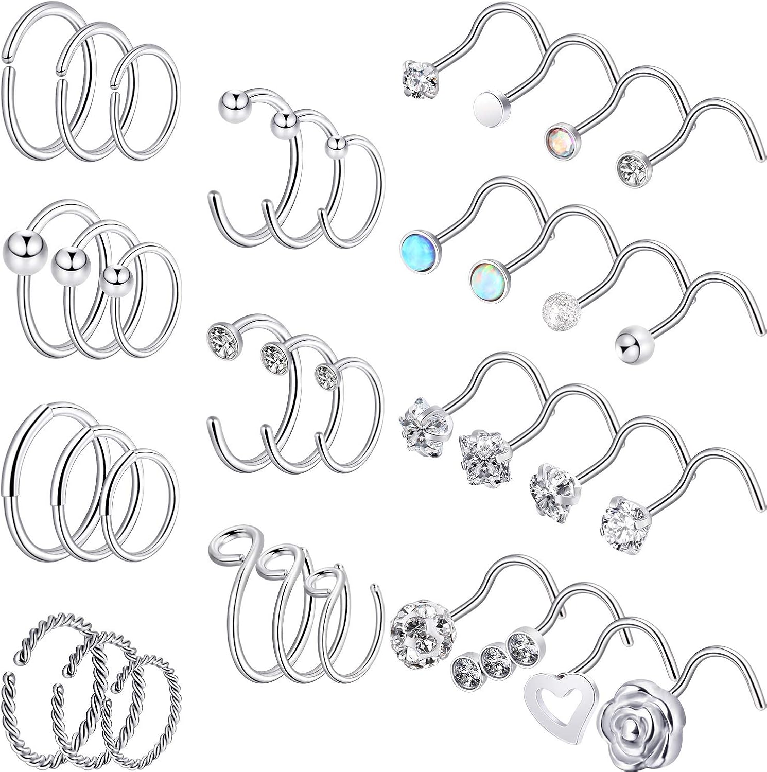 Chinco 40 Pieces Stainless Steel Nose Hoop Ring Tragus Nose Studs CZ Cartilage Nose Hoops Piercing for Women Men