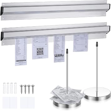 Photect 2 Pcs 16 Inch Restaurant Ticket Holder with 2 Stainless Steel Receipt Holder Spike Aluminum Slide Rack Rail for Restaurant Cafes Kitchen Pub Bar Hotel, Silver