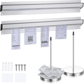 Photect 4 Peças Conjunto Suporte de Recibos de Restaurante, 2 Suportes Para Pedidos de Trilhos Deslizantes de Alumínio Suporte de Bilhetes e 2 Espetos de Notas de Aço Inoxidável (Prateado, 40 x 5,8 cm