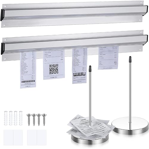 Photect 2 Pcs 16 Inch Restaurant Ticket Holder with 2 Stainless Steel Receipt Holder Spike Aluminum Slide Rack Rail for Restaurant Cafes Kitchen Pub Bar Hotel, Silver