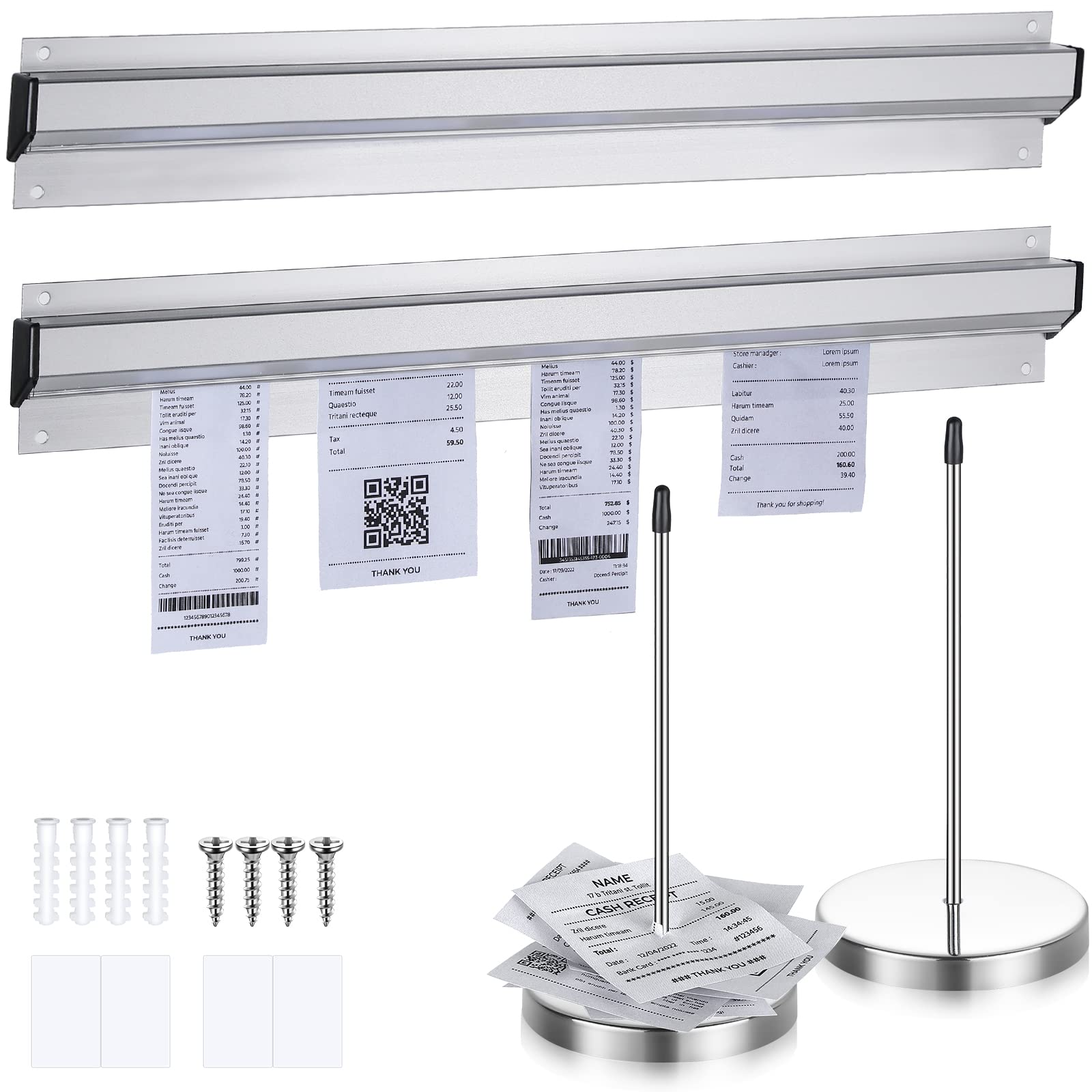 Photect 2 Pcs 16 Inch Restaurant Ticket Holder with 2 Stainless Steel Receipt Holder Spike Aluminum Slide Rack Rail for Restaurant Cafes Kitchen Pub Bar Hotel, Silver